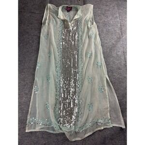 Denning & Kane London M Silk Sheer Boho Sequin Floral Cover Up Tunic Dress SEE